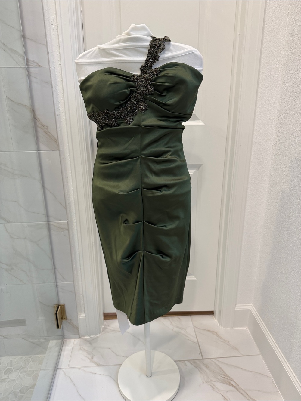Cache Olive Green One-Shoulder Cocktail Dress with Beaded Strap